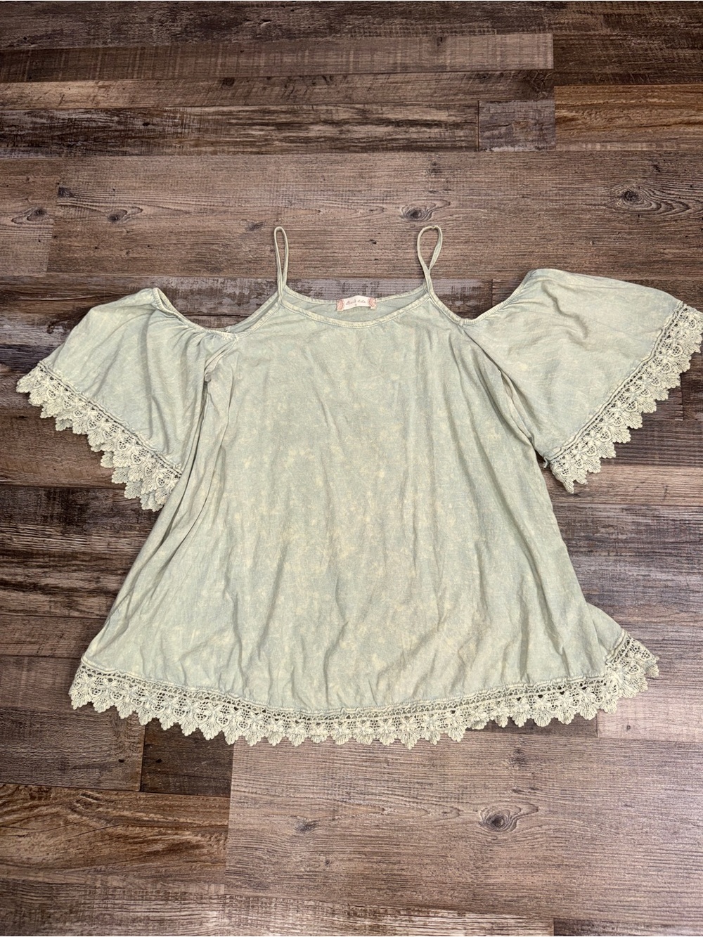 Altar’d State Sage Green Cold Shoulder Boho Lace Trim Top Small Crochet Lace - Picture 2 of 6